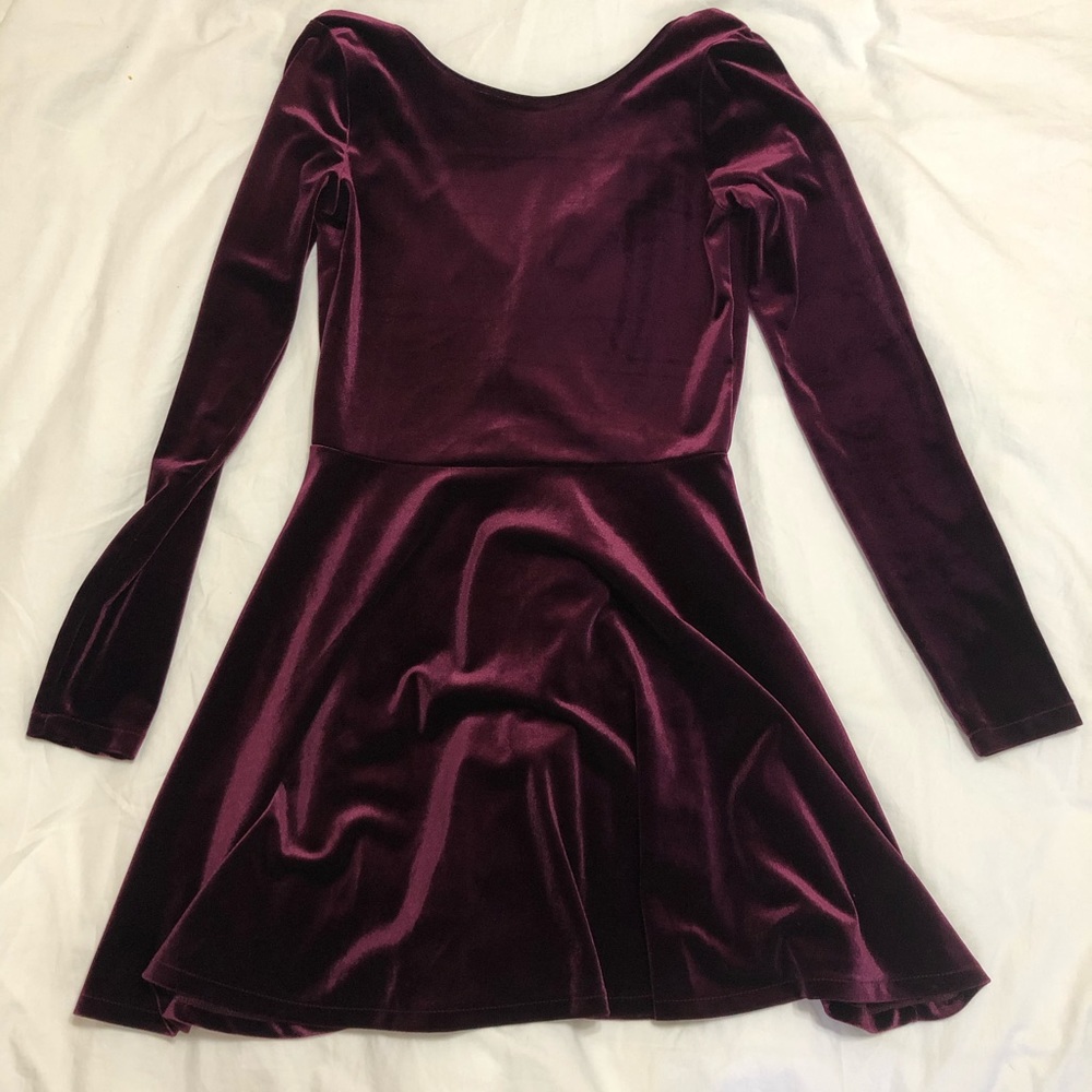 Maroon velvet long sleeve skater skirt dress